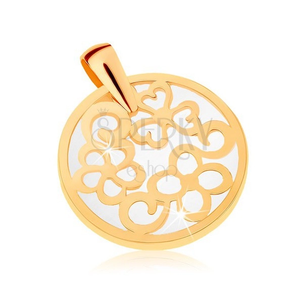 Přívěsek ze žlutého 9K zlata - kontura kruhu s ornamenty, perleťový podklad