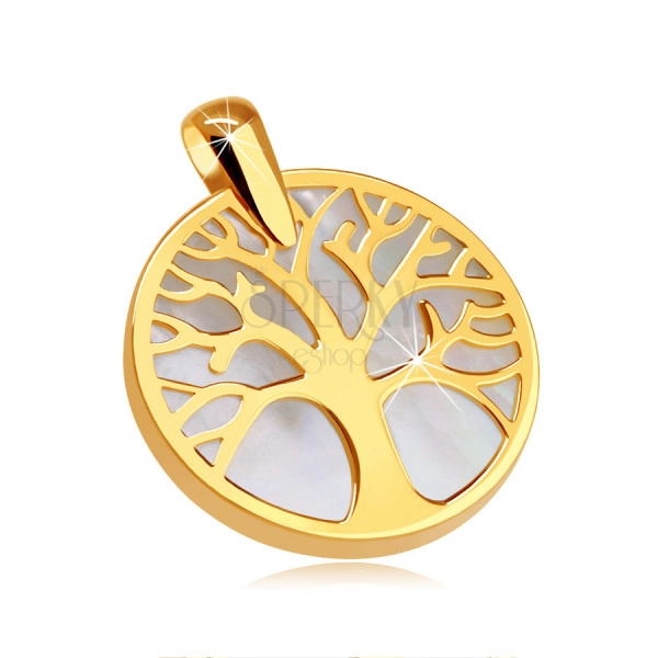 Přívěsek ve žlutém 9K zlatě - strom života v obrysu kruhu, perleťový podklad