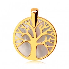 Přívěsek ve žlutém 9K zlatě - strom života v obrysu kruhu, perleťový podklad