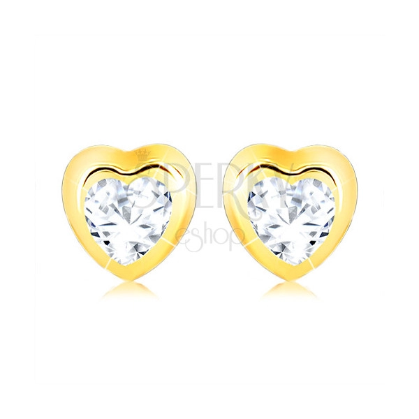 Zlaté náušnice 375 - lesklá kontura pravidelného srdce, čirý zirkon