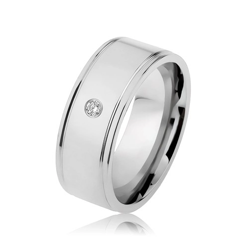 Ocelový prsten stříbrné barvy, zrcadlový lesk, čirý zirkon, zářezy u okrajů - Velikost: 62