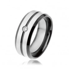 Černý prsten z oceli 316L, matné pásky stříbrné barvy, čirý zirkon