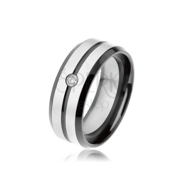 Černý prsten z oceli 316L, matné pásky stříbrné barvy, čirý zirkon