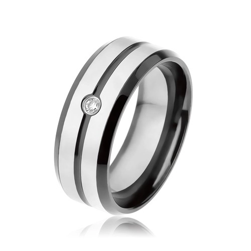 Černý prsten z oceli 316L, matné pásky stříbrné barvy, čirý zirkon - Velikost: 60