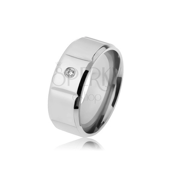 Hladký ocelový prsten stříbrné barvy, zirkon, svislé zářezy, zbroušené okraje
