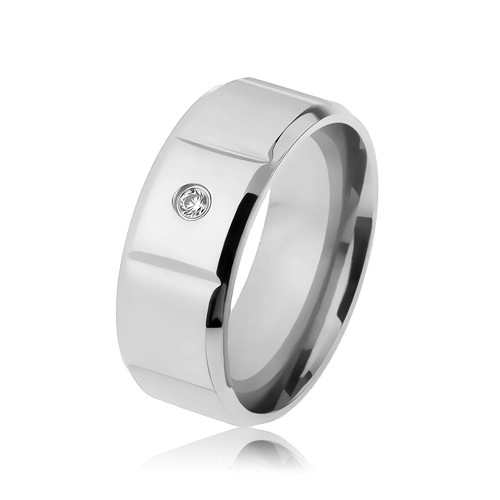 Hladký ocelový prsten stříbrné barvy, zirkon, svislé zářezy, zbroušené okraje - Velikost: 65