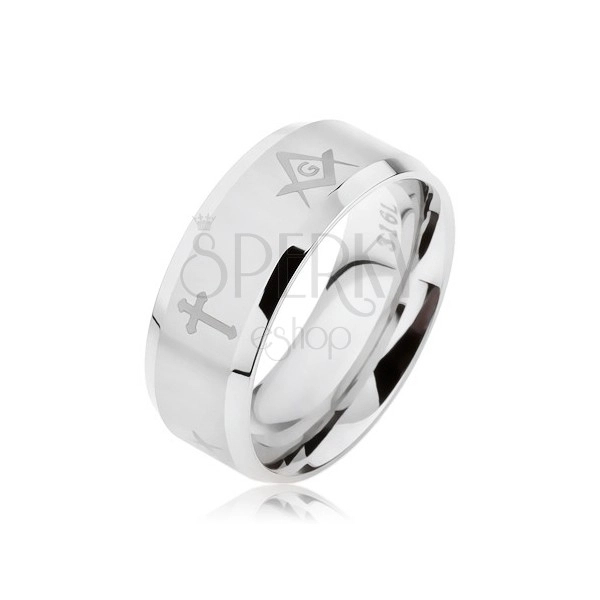 Prsten z oceli stříbrné barvy, matný proužek s kříži a symboly svobodných zednářů