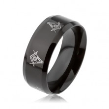 Ocelový prsten černé barvy, lesk, symboly svobodných zednářů, zbroušené okraje