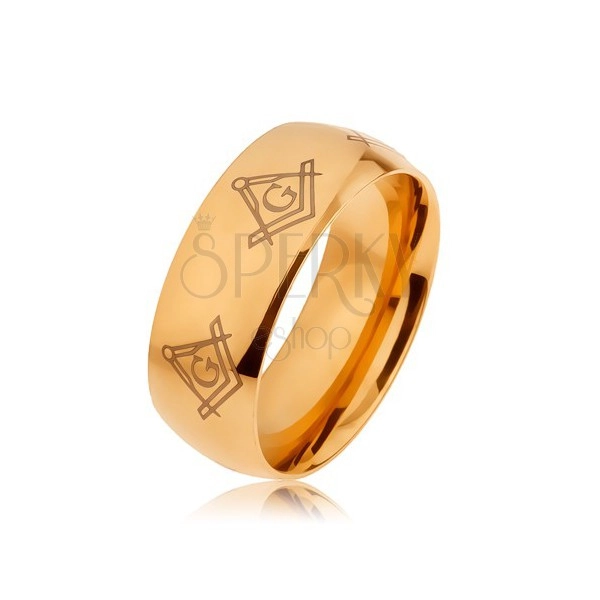 Ocelový prsten zlaté barvy, zrcadlový lesk, symboly svobodných zednářů
