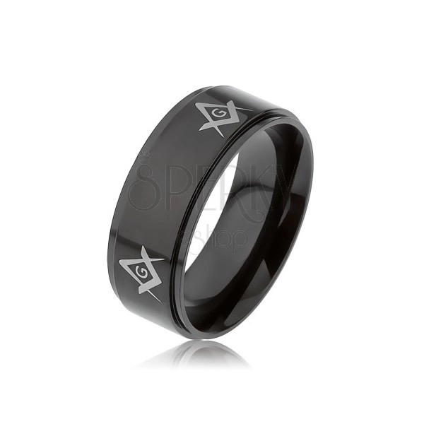 Ocelový prsten černé barvy, symboly svobodných zednářů na vyvýšeném pásu