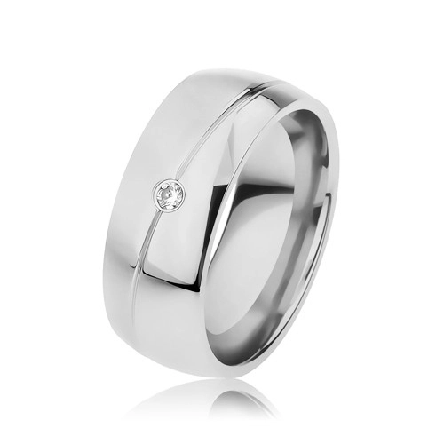 Ocelový prsten stříbrné barvy, úzký šikmý zářez, zirkonek - Velikost: 69