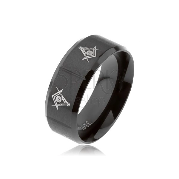 Prsten z oceli 316L, černá barva, symboly svobodných zednářů, svislé zářezy