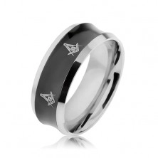 Ocelový prsten v černé a stříbrné barvě s vyhloubeným středem, symboly