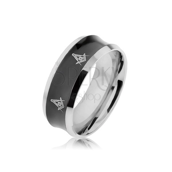 Ocelový prsten v černé a stříbrné barvě s vyhloubeným středem, symboly
