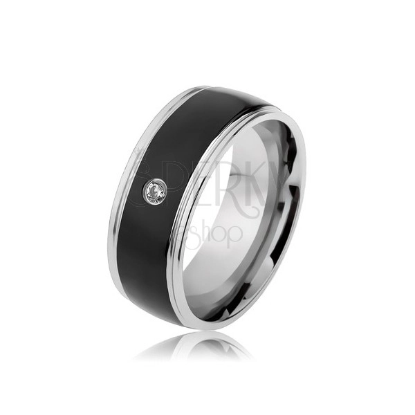 Prsten z oceli 316L, pásy stříbrné a černé barvy, čirý zirkonek