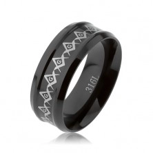Prsten z chirurgické oceli černé barvy, historické symboly, vystupující pásy