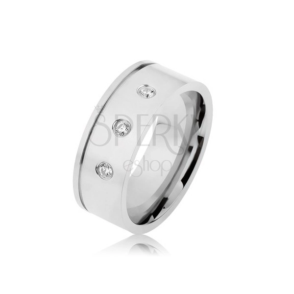 Lesklý ocelový prsten stříbrné barvy, čiré zirkony, vodorovný zářez