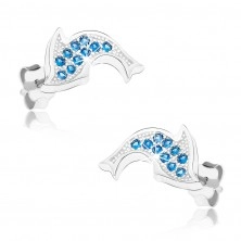 Rhodiované náušnice ze stříbra 925, blyštivý delfín, modré zirkonky