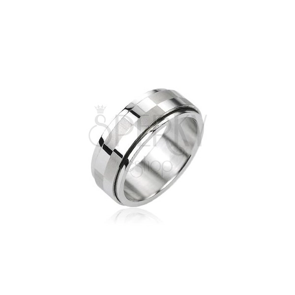 Ocelový prsten stříbrné barvy, otáčecí středový pás s motivem šachovnice