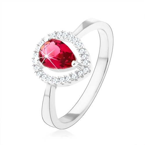 Stříbrný prsten 925, růžová zirkonová slza, třpytivá kontura - Velikost: 55