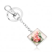 Klíčenka kabošon - čtverec s vypouklým sklem, rozkvetlé růžové květy