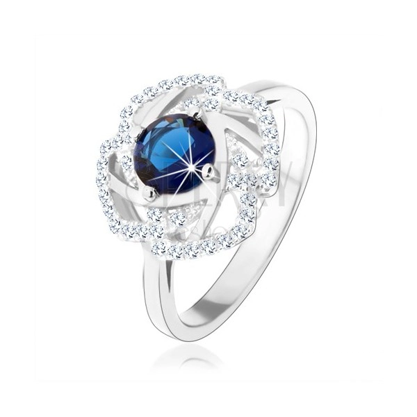 Stříbrný 925 prsten, třpytivý obrys květu, modrý kulatý zirkon