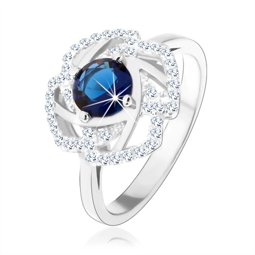 Stříbrný 925 prsten, třpytivý obrys květu, modrý kulatý zirkon - Velikost: 57
