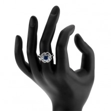 Stříbrný 925 prsten, třpytivý obrys květu, modrý kulatý zirkon