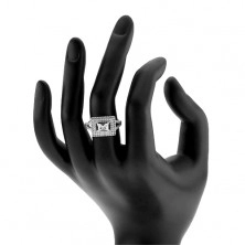 Prsten, stříbro 925, čirý zirkon - obdélník, třpytivý lem, rozdvojená ramena