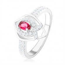 Stříbrný prsten 925, obrys špičaté slzy, růžový zirkon, linie ve tvaru "V"