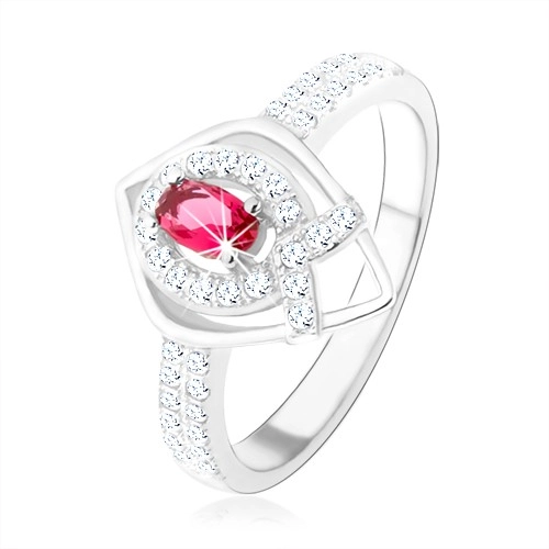 Stříbrný prsten 925, obrys špičaté slzy, růžový zirkon, linie ve tvaru 