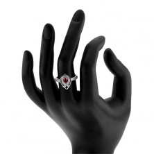 Stříbrný prsten 925, obrys špičaté slzy, růžový zirkon, linie ve tvaru "V"