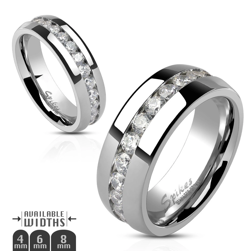 Prsten z oceli, stříbrná barva, souvislá linie čirých zirkonů po obvodu, 6 mm - Velikost: 54