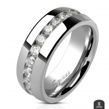 Prsten z oceli, stříbrná barva, souvislá linie čirých zirkonů po obvodu, 6 mm