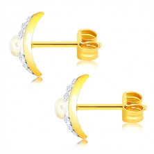 Zlaté náušnice 375 - oblouček zdobený Swarovského křišťály a bílou perlou