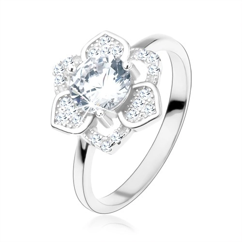 Prsten, stříbro 925, blyštivý květ, broušený čirý zirkon, hladká ramena - Velikost: 58