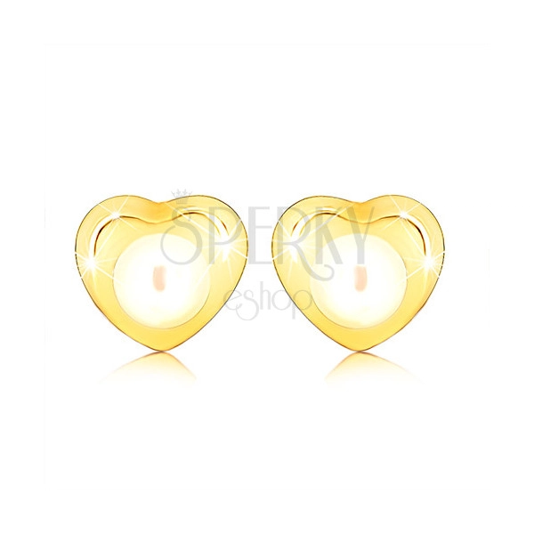 Náušnice ve žlutém 9K zlatě - malé lesklé srdíčko, kulatá perlička