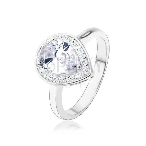 Stříbrný 925 prsten, čirá kapka - zirkon, třpytivý lem, výřezy