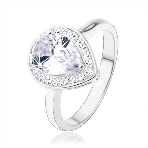 Stříbrný 925 prsten, čirá kapka - zirkon, třpytivý lem, výřezy - Velikost: 50