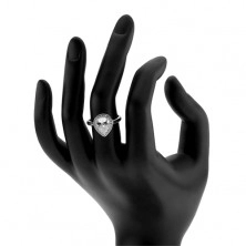 Stříbrný 925 prsten, čirá kapka - zirkon, třpytivý lem, výřezy