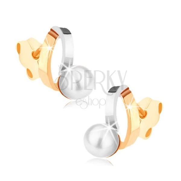 Rhodiované náušnice z 9K zlata - dvoubarevné obloučky, perla bílé barvy