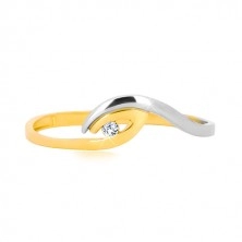 Zlatý prsten 375 - nepravidelně zahnuté konce ramen, blyštivý zirkon