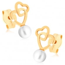 Zlaté náušnice 375 - dva propojené obrysy srdcí, kulatá bílá perlička
