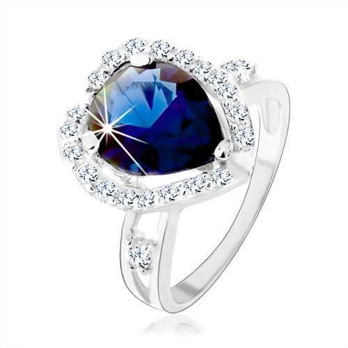 Prsten, stříbro 925, rozdvojená ramena, modrý zirkon - slza, třpytivý lem - Velikost: 50
