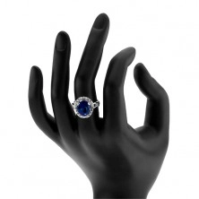 Prsten, stříbro 925, rozdvojená ramena, modrý zirkon - slza, třpytivý lem