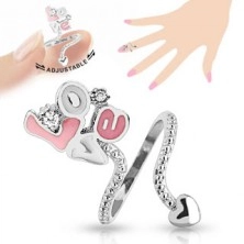 Nastavitelný prsten na nehet, růžovo-bílý nápis "Love", čiré zirkony