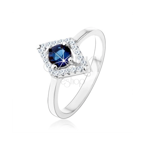Prsten ze stříbra 925, obrys kosočtverce, modrý kulatý zirkon
