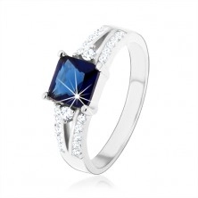 Zásnubní prsten, stříbro 925, modrý zirkonový čtverec, zdobená ramena