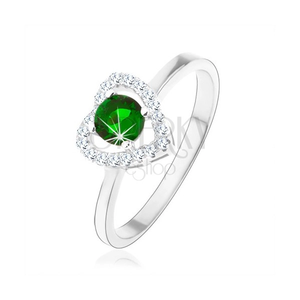 Prsten ze stříbra 925, blyštivá kontura srdce, zelený kulatý zirkon