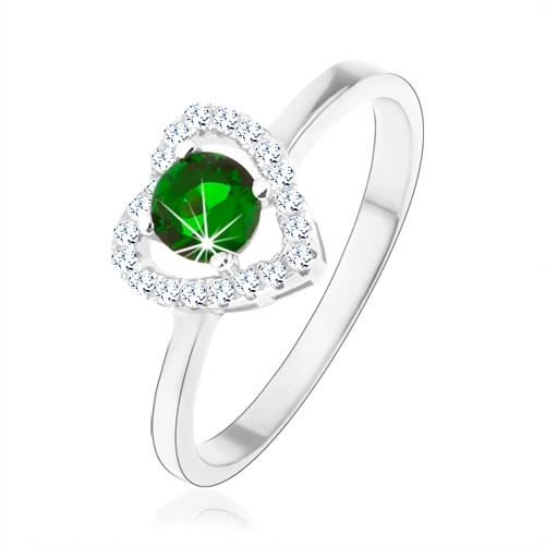 Prsten ze stříbra 925, blyštivá kontura srdce, zelený kulatý zirkon - Velikost: 53